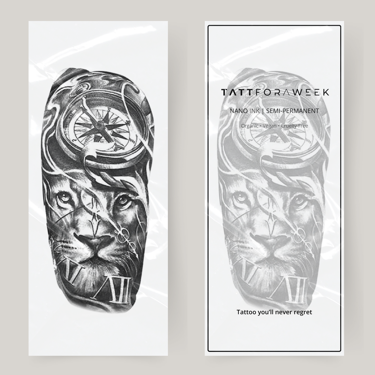 Fałszywy tatuaż na rękawie z lwem i zegarem