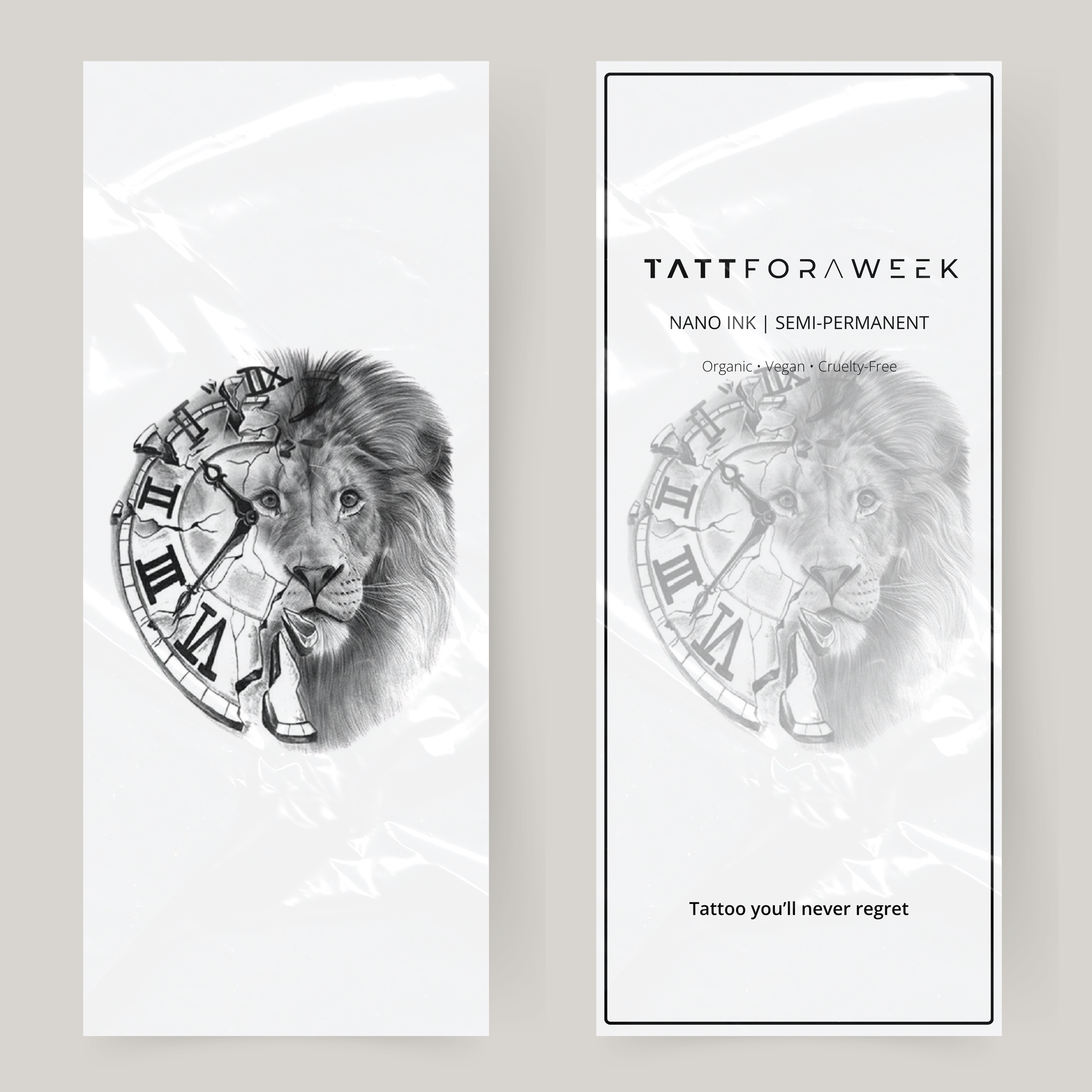 Duży fałszywy zegar z tatuażem i lwem