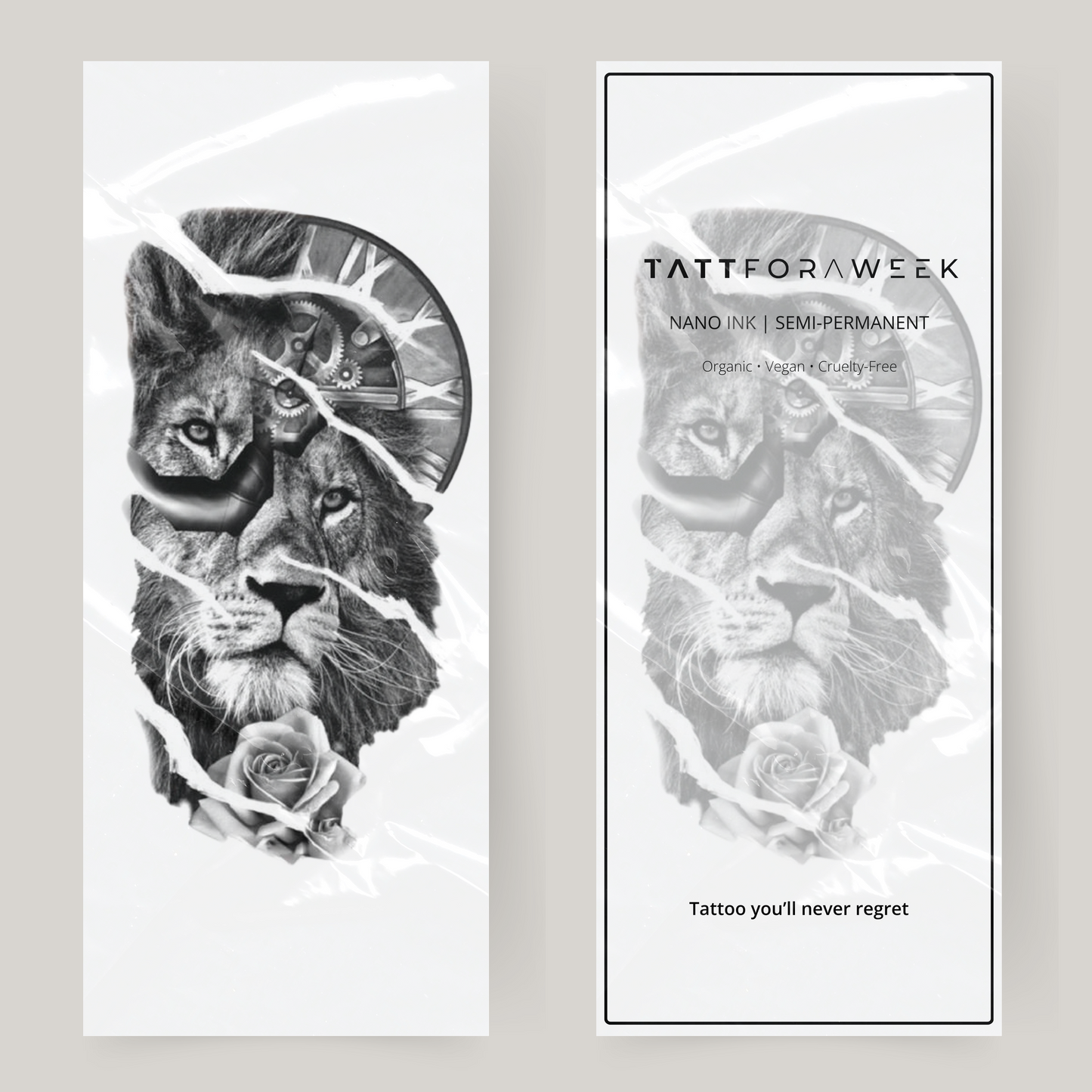 Duży fałszywy tatuaż z lwem i zegarem