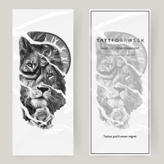 Duży fałszywy tatuaż z lwem i zegarem