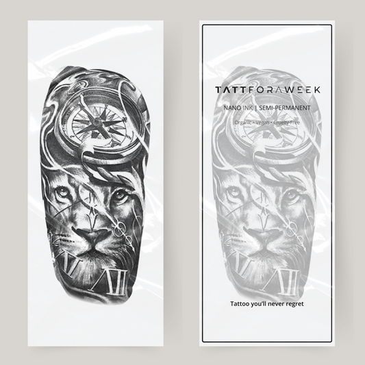 Fałszywy tatuaż na rękawie z lwem i zegarem